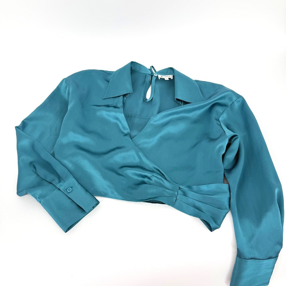 Lilysilk Mulberry Silk Wrapover Cropped Shirt Blouse Adriatic Blue Women Org$185 - Picture 3 of 12